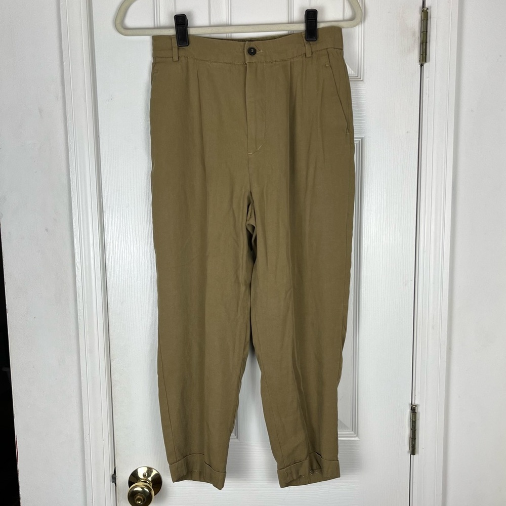 Zara Woman High Rise Pleated Cuff Crop Pants Sz S Trouser